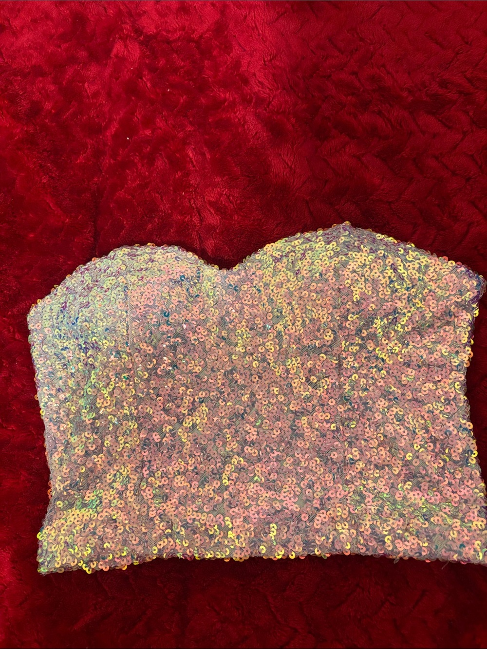 Iridescent Sequin Strapless Crop Top - Pink/Gold Sheen